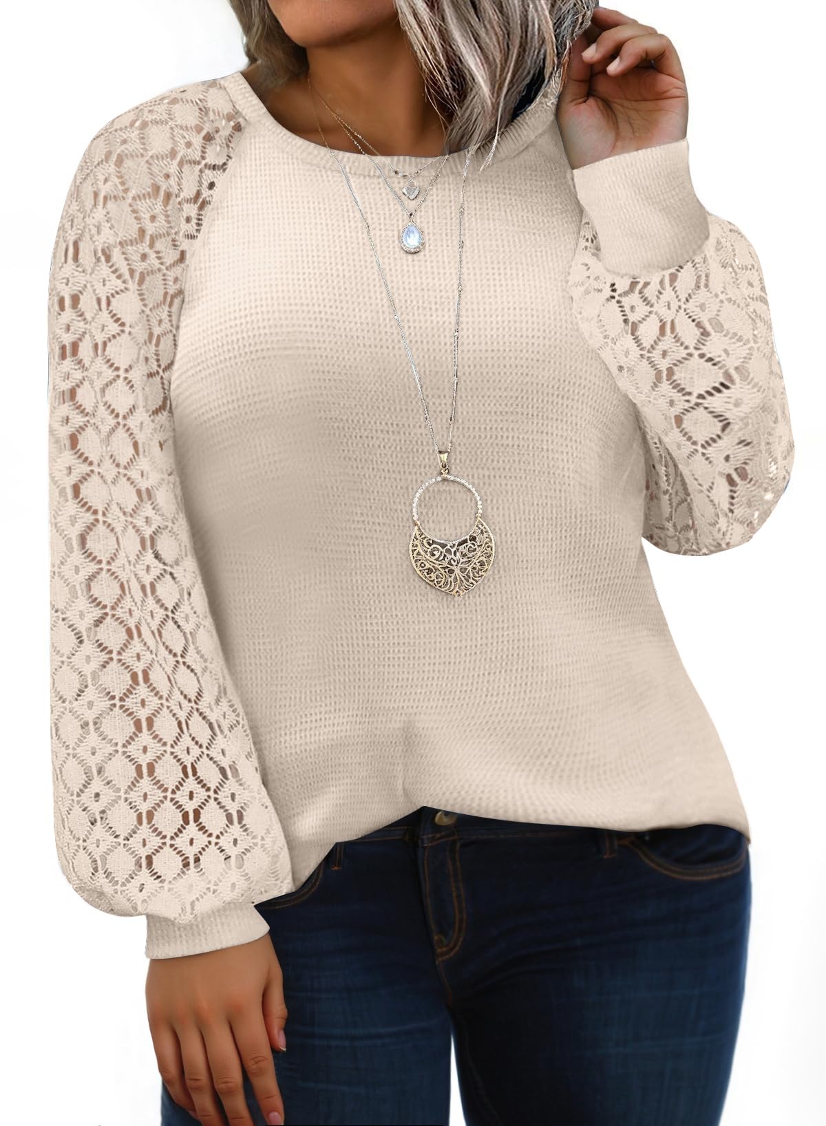 Camisa Feminina Eytino Plus Size, Gola Redonda, Renda, Manga Comprida, Malha Waffle