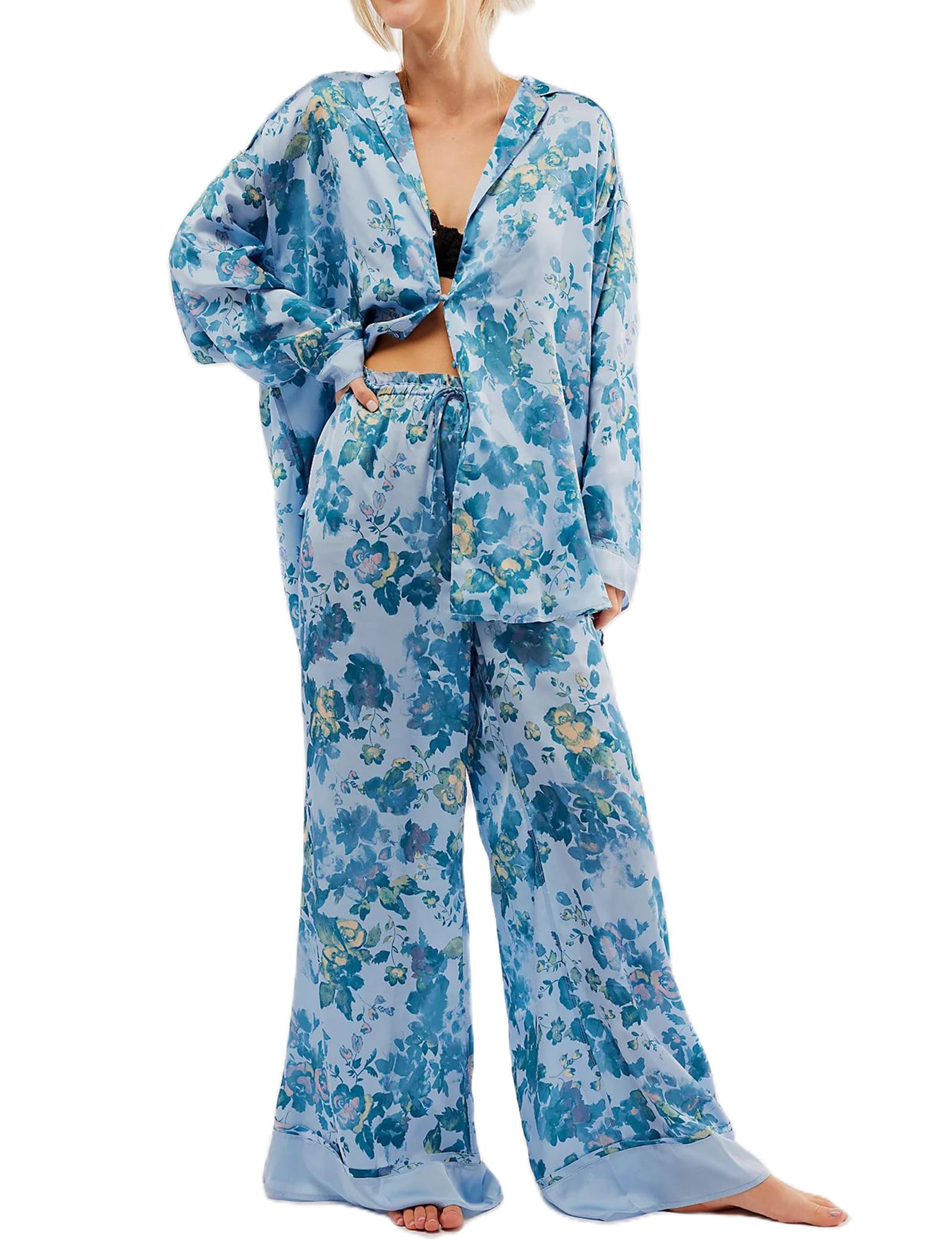 Conjunto De Pijamas Femininos Yoawdats, Cetim Macio, Floral, 2 Peças (azul, M)
