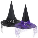 Chapéu De Bruxa Century Star Com Véu Para Mulheres Halloween C Preto E Roxo L