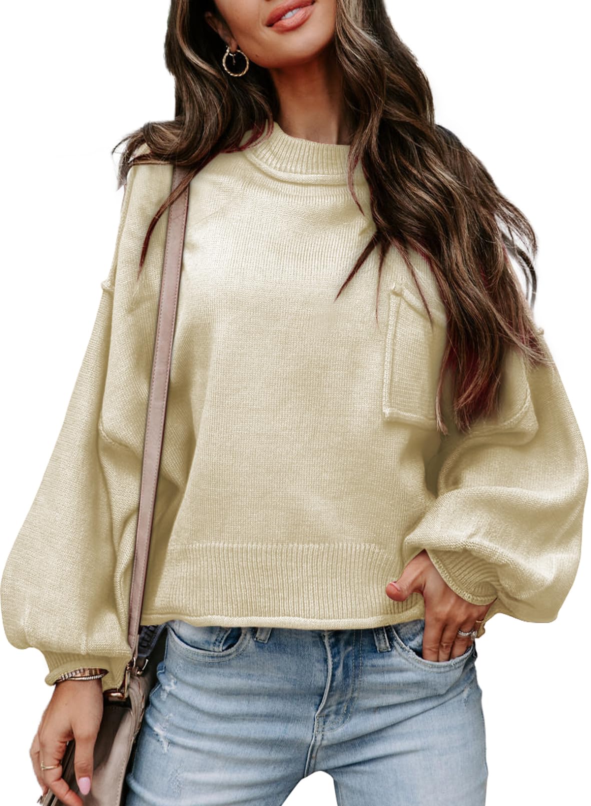 Suéter Evaless Oversized Crop Para Mulheres, Bege De Outono, 1x