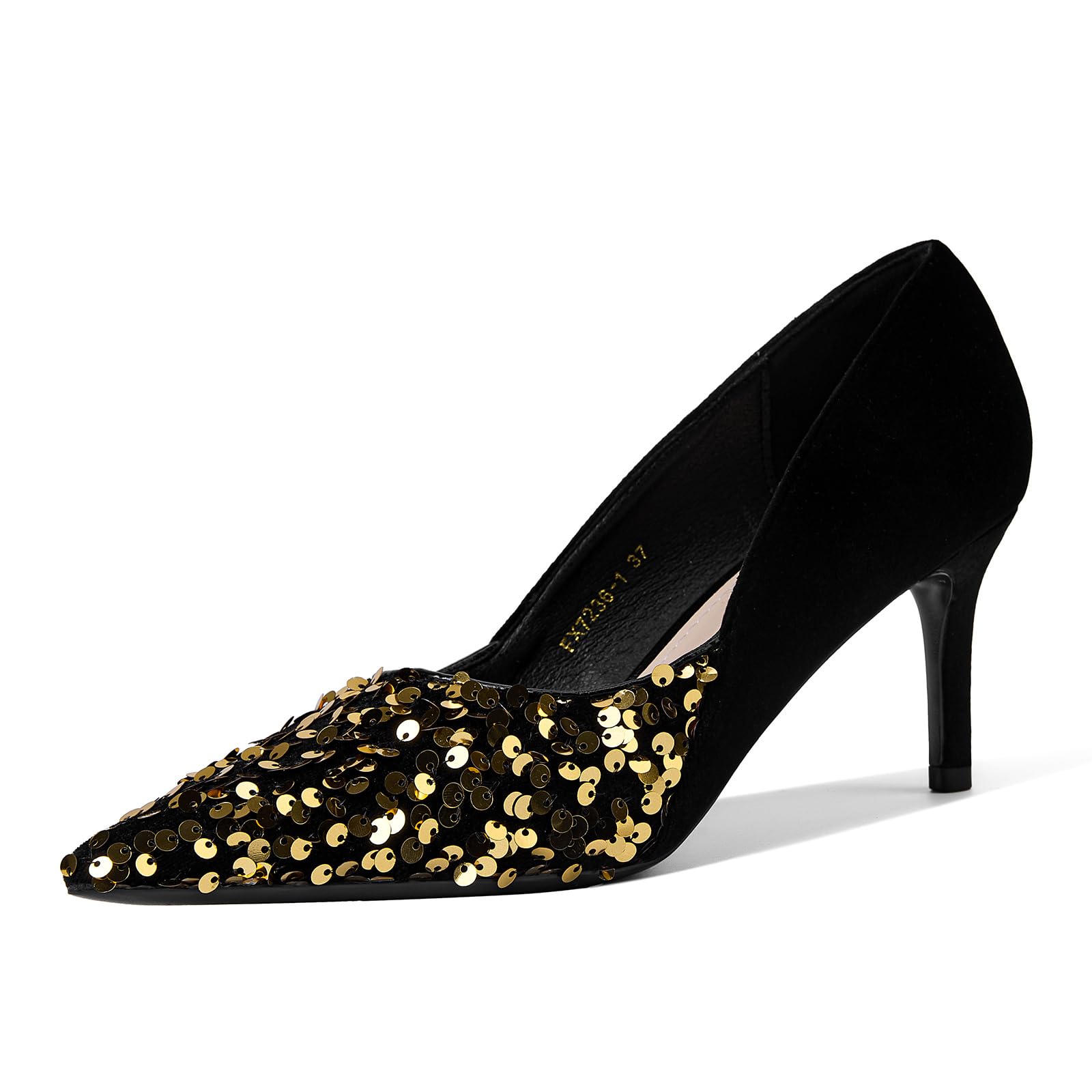 Saltos Goserce Gold Sequin Para Mulheres, Camurça Preta, 7 Cm, Estilete