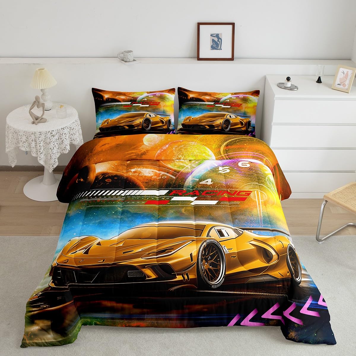 Conjunto De Roupa De Cama Feelyou Orange Race Car Twin Size Para Crianças E Meninos