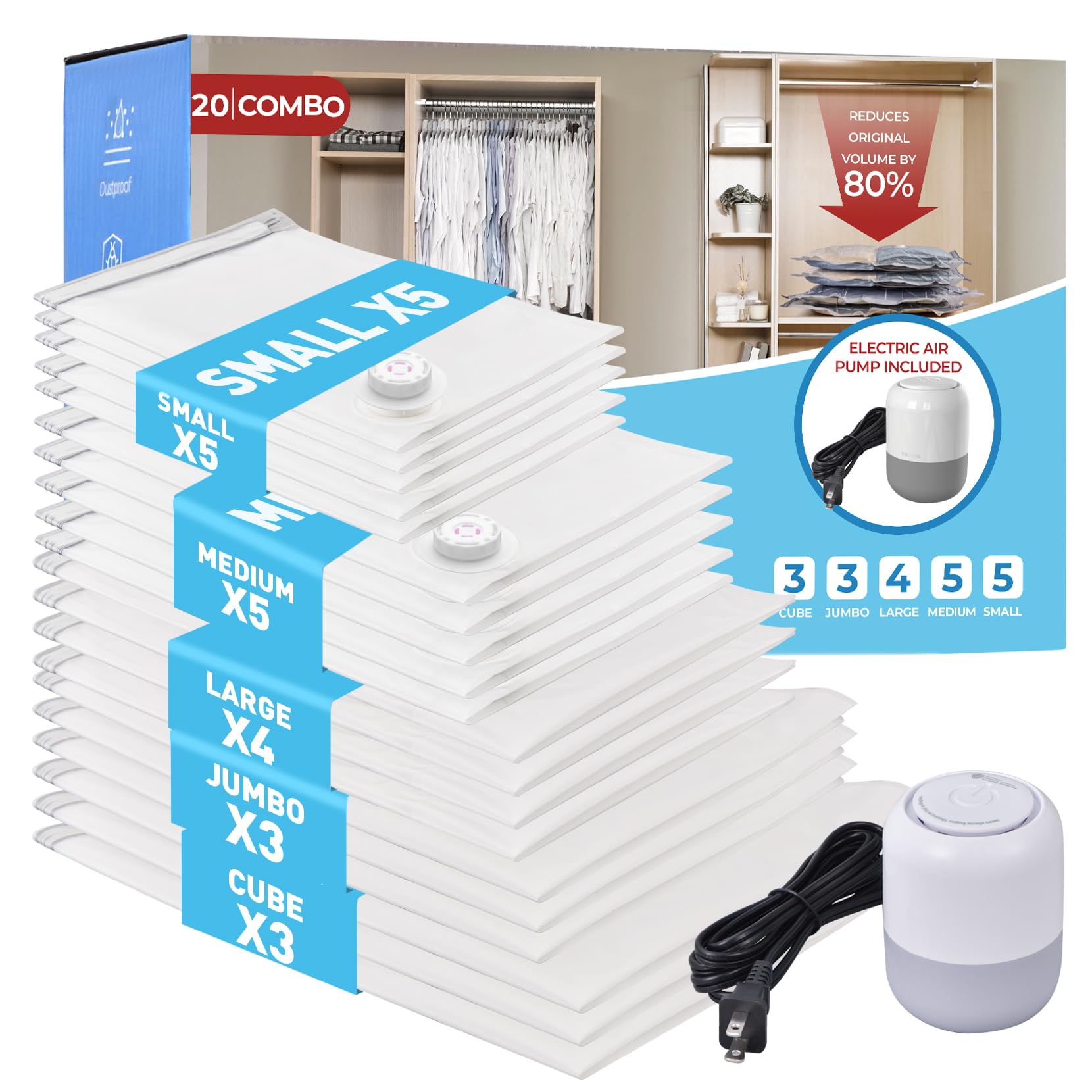 Sacos De Armazenamento A Vácuo Beglero Com Bomba De Ar Elétrica, Pacote Com 20