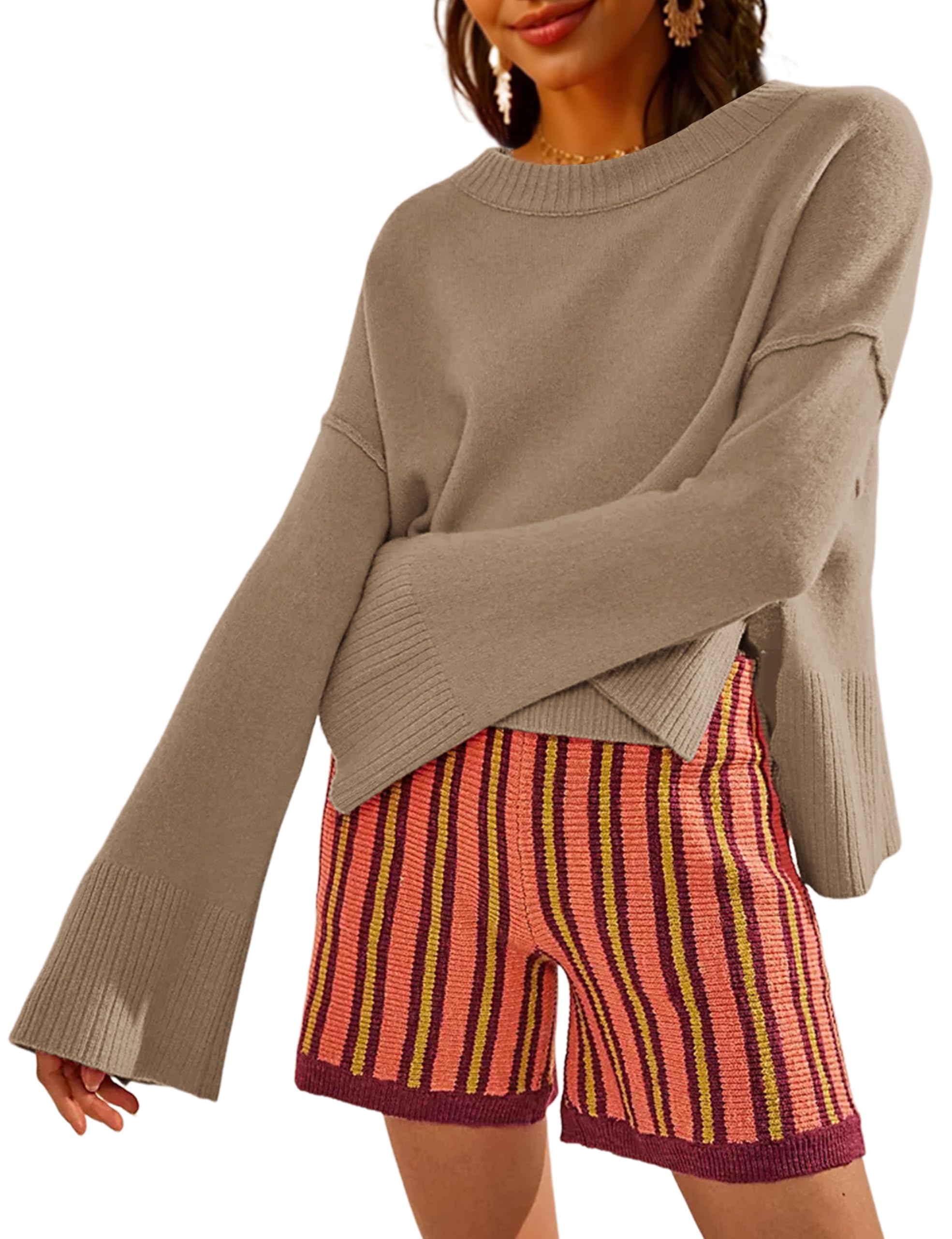 Suéter Feminino Taqcux, Gola Redonda, Estilo Sino, Manga, Malha Cáqui