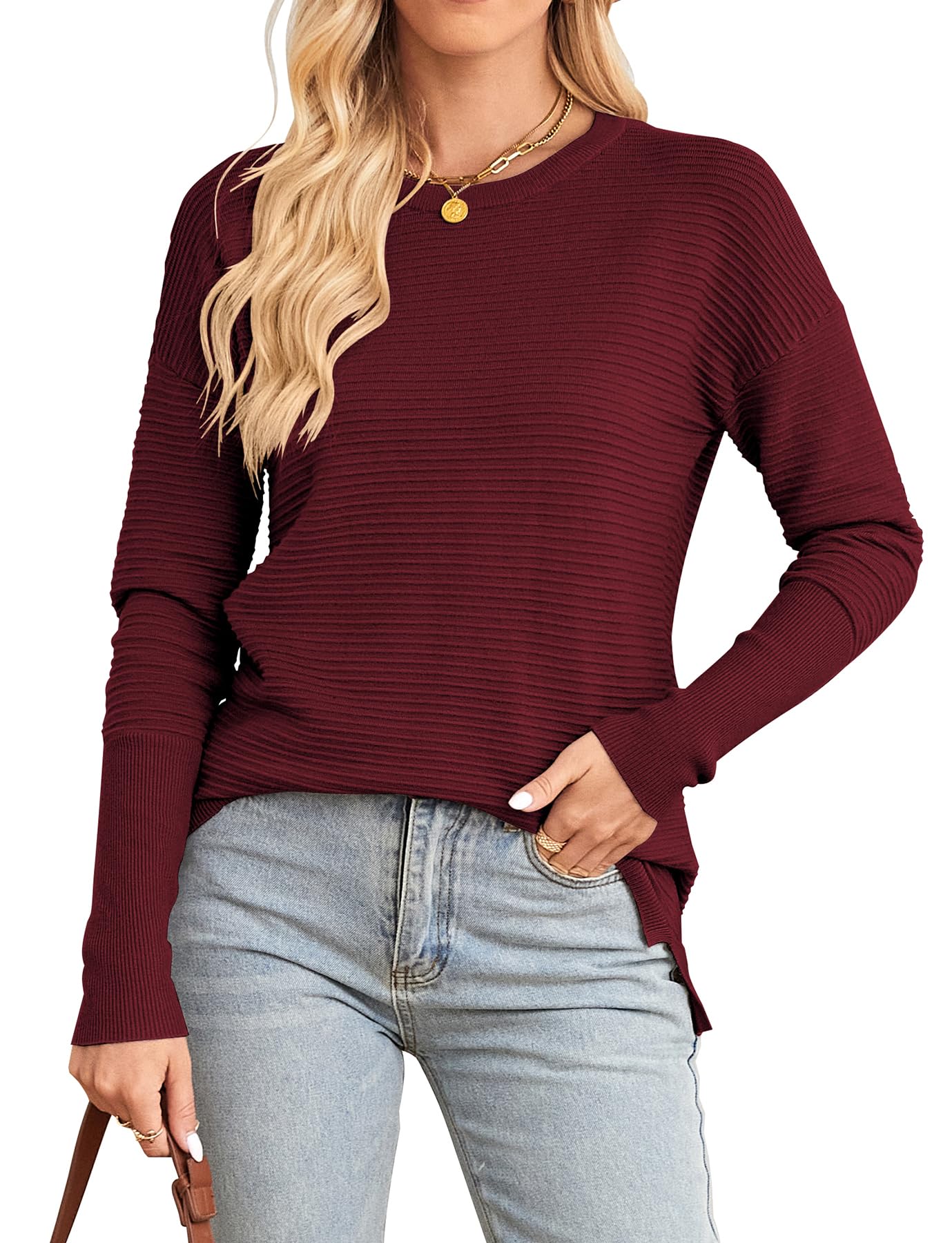 Suéter Simplefun Oversized Para Mulheres Com Nervuras, Vermelho Vinho