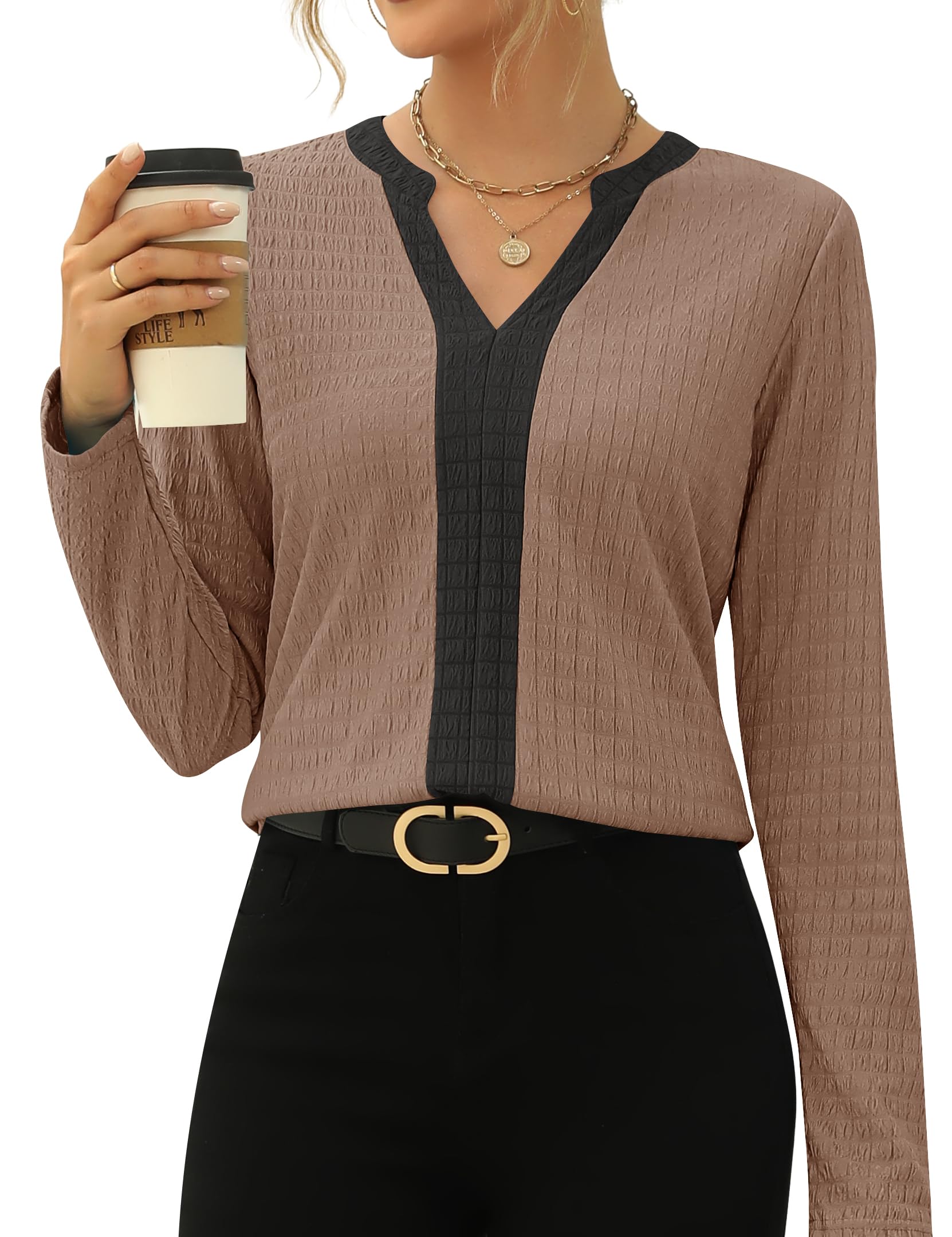 Blusa Casual Rapbin, Manga Comprida, Decote Em V, Xadrez Para Mulheres, Marrom