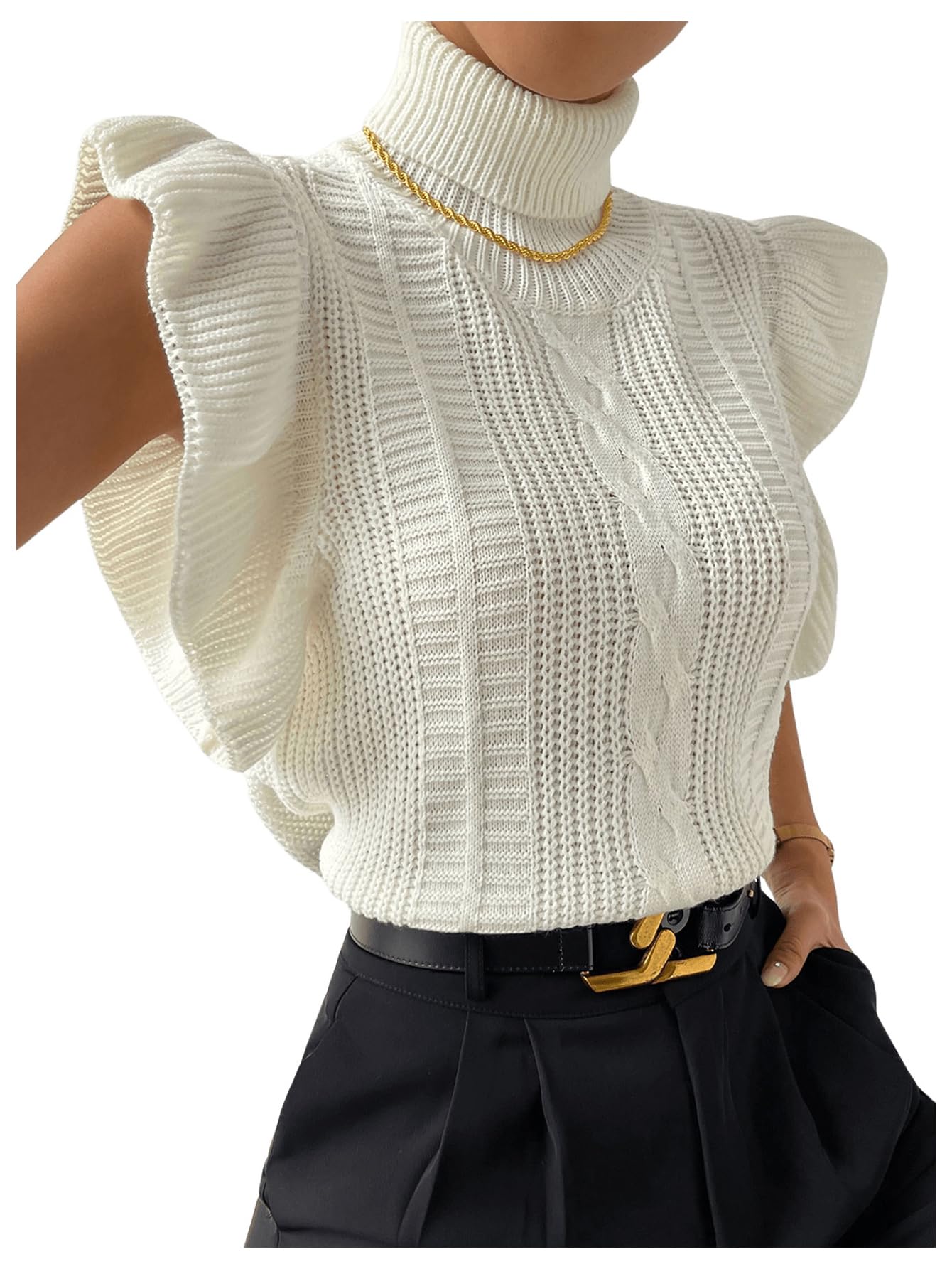 Colete De Suéter Floerns Ruffle Trim, Tricotado, Gola Alta, Bege