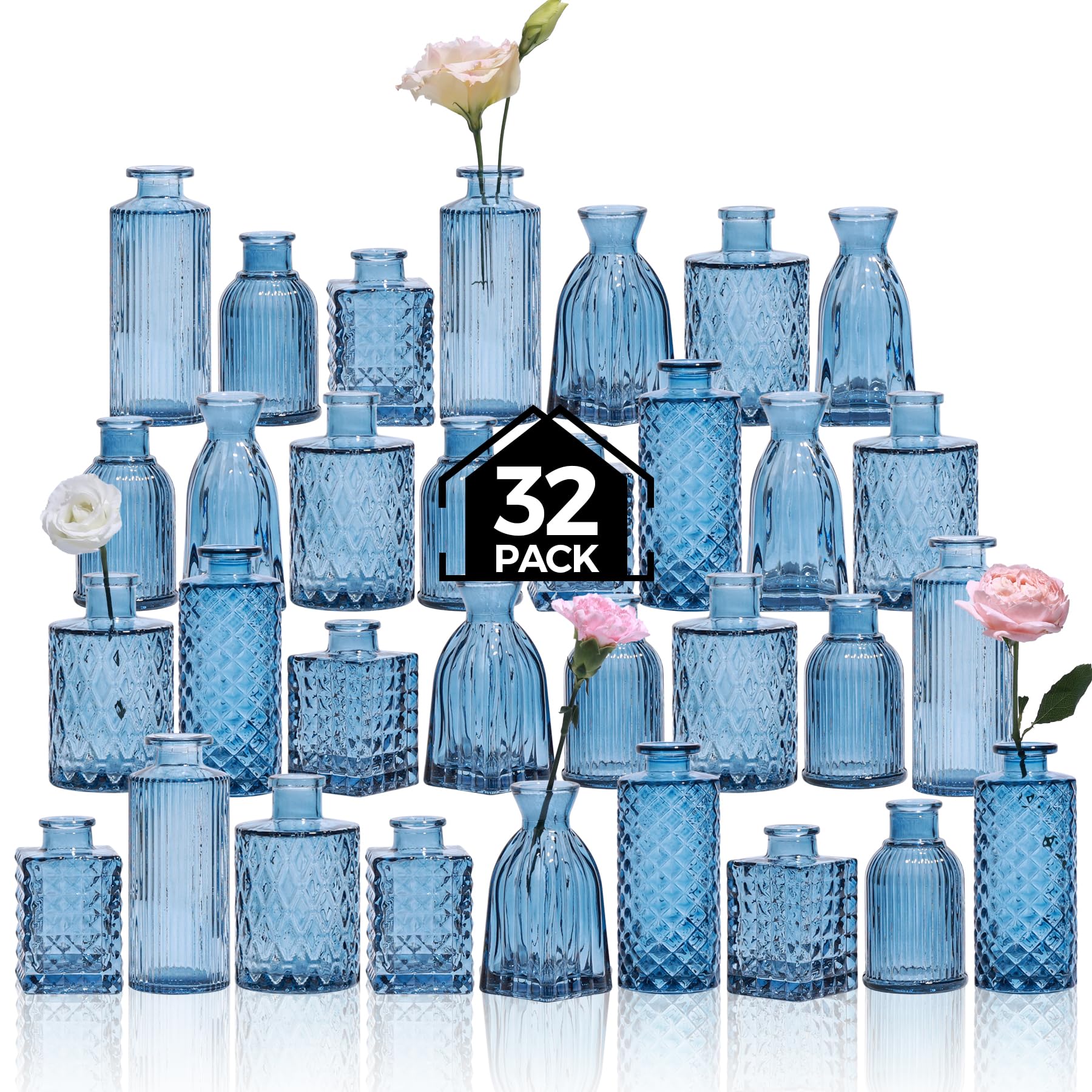 Conjunto De 32 Vasos Glass Bud Comsaf Vases Vintage Clear (cinza E Azul)