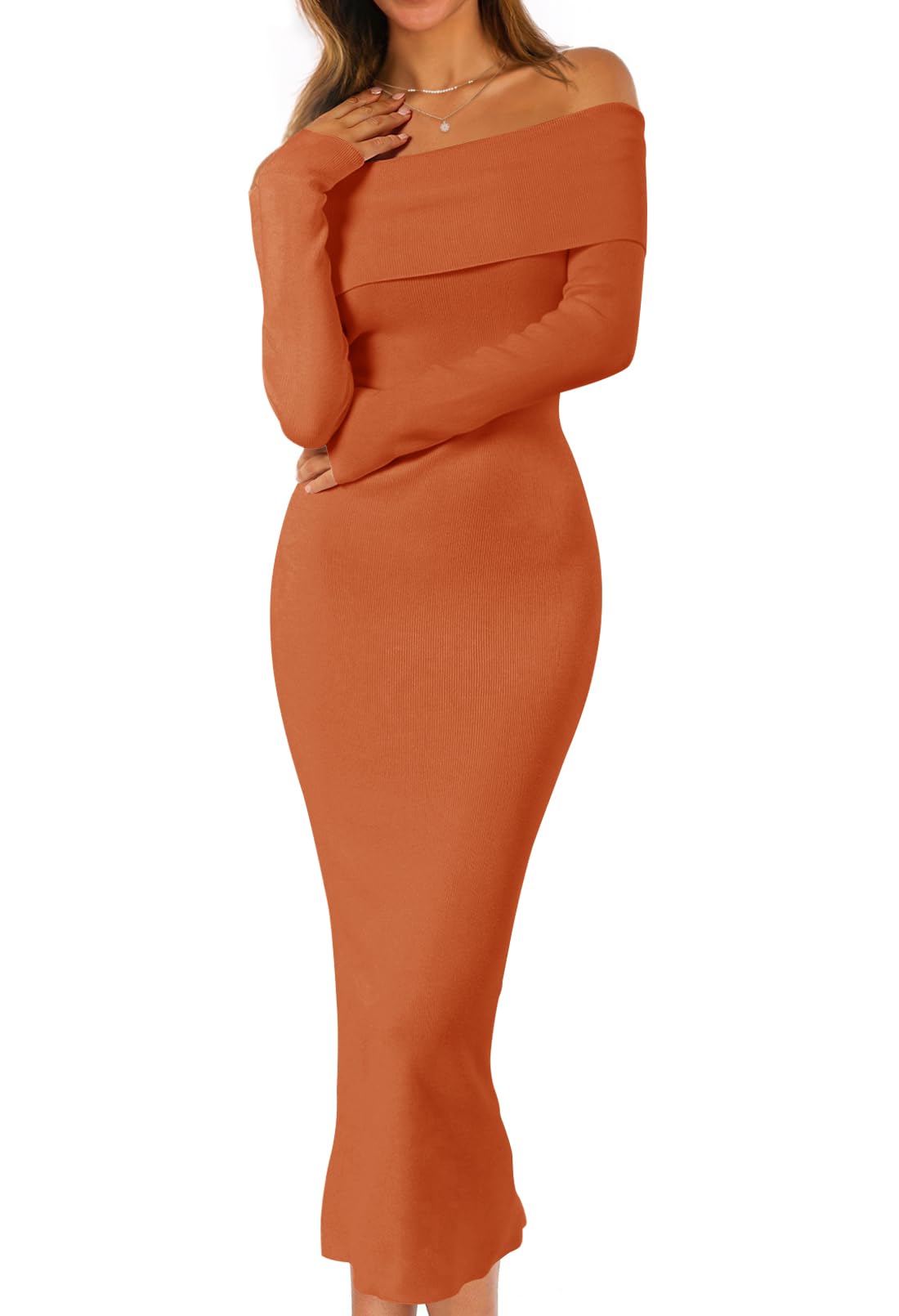 Vestido De Suéter Feminino Merokeety Fall Off Shoulder Rust S