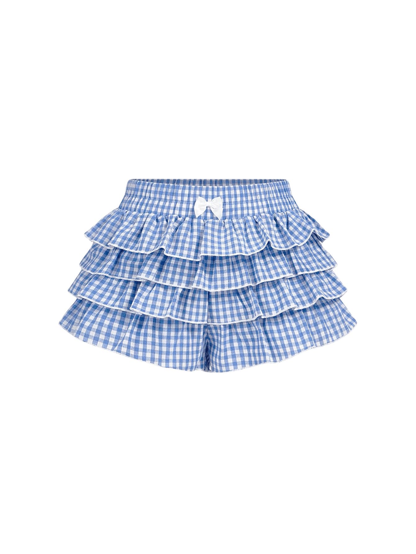 Shorts Femininos Beaudrm Y2k Gingham Azul E Branco