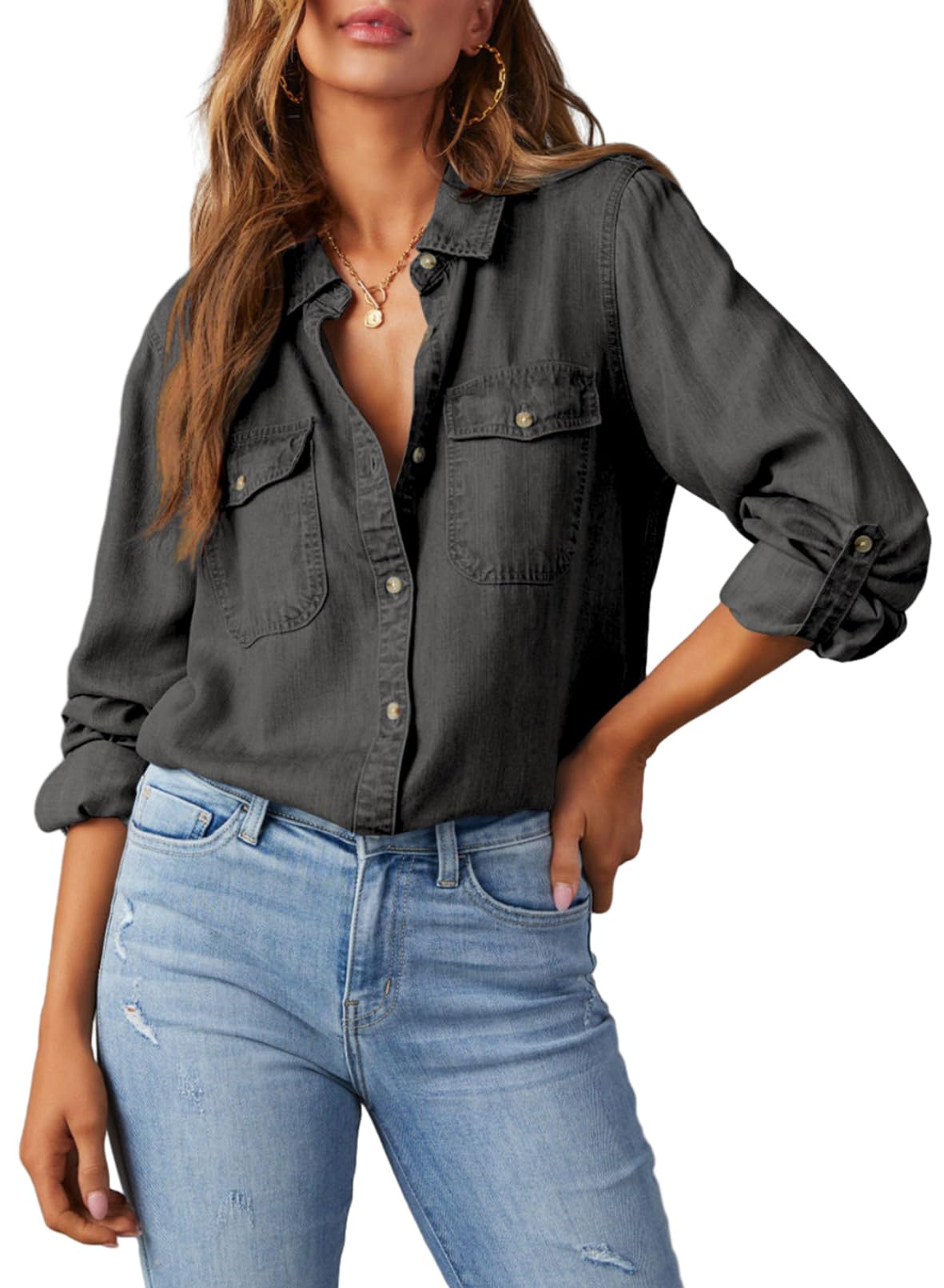 Camisa Jeans Elegante Com Decote Em V Com Botões E Manga Comprida Para Mulher