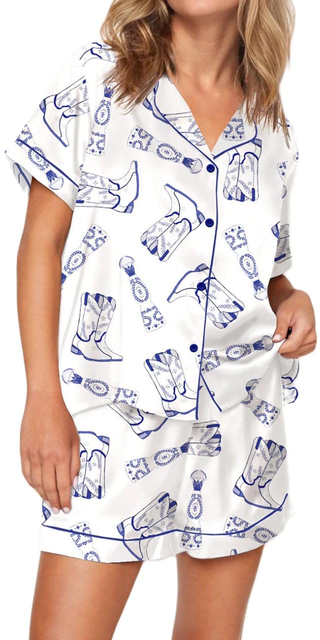 Conjunto De Pijamas Liltwist, Botas De Cowboy Femininas, Seda, Azul Acetinado