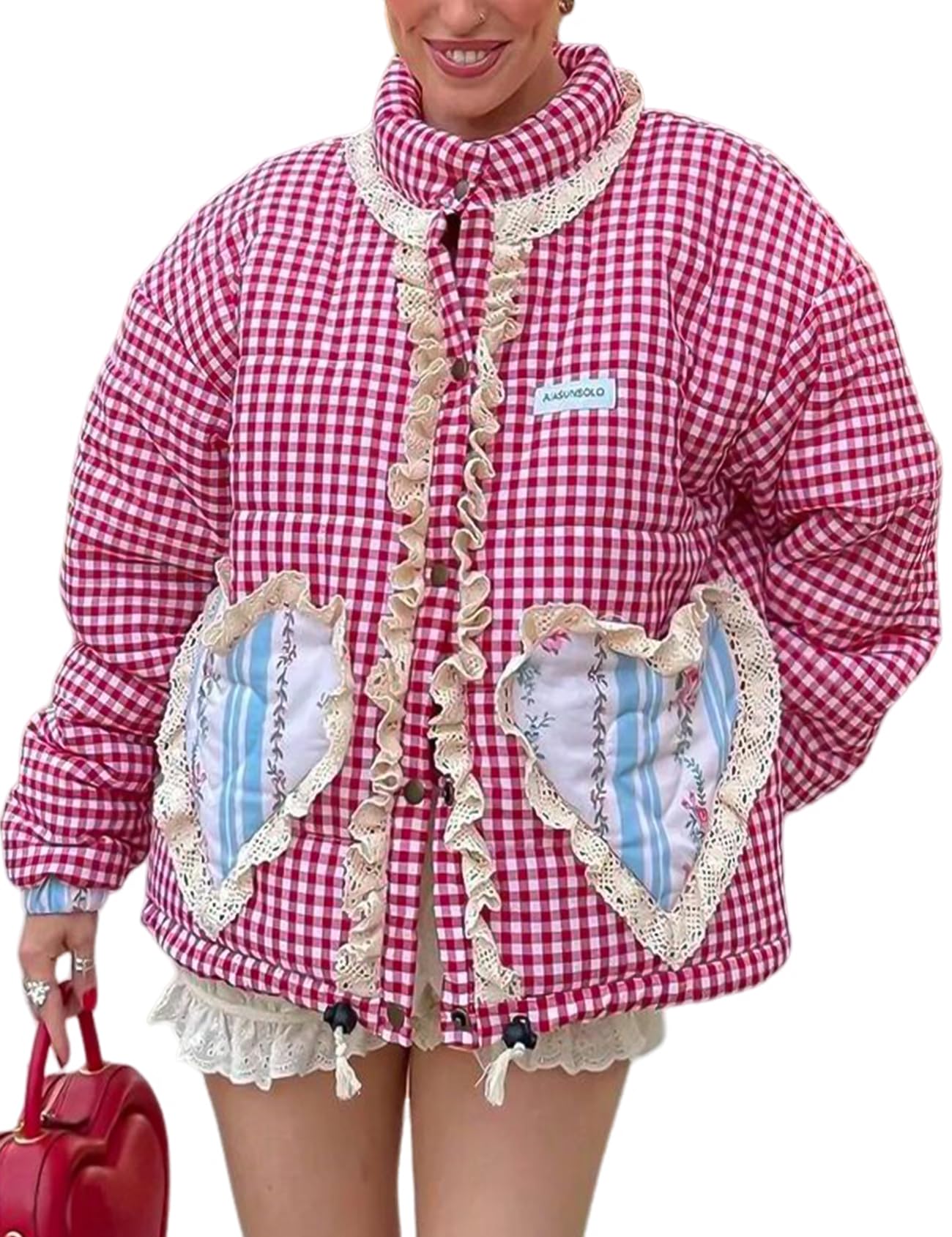 Jaqueta Wyeysyt Cropped Puffer Winter Gingham Red Para Mulheres