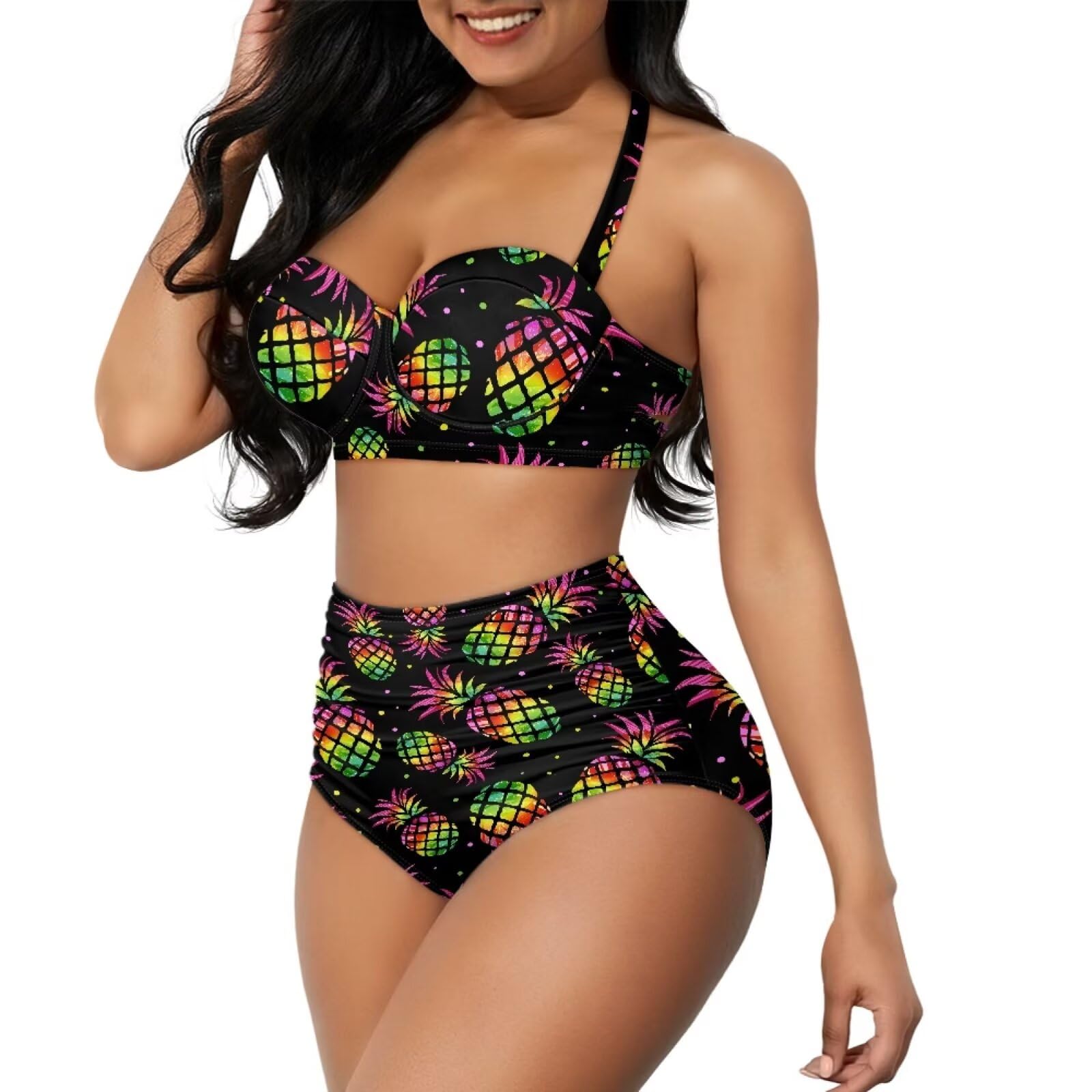 Biquíni Yewattles Colorido De Abacaxi Tropical De Cintura Alta Para Mulheres
