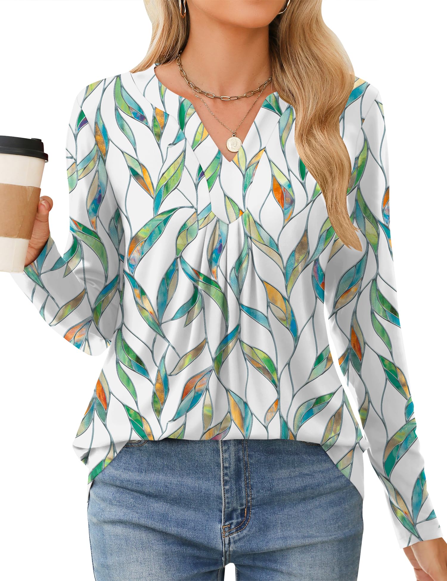 Top Qirno Feminino De Outono, Manga Comprida, Decote Em V, Estampa Floral, Branca