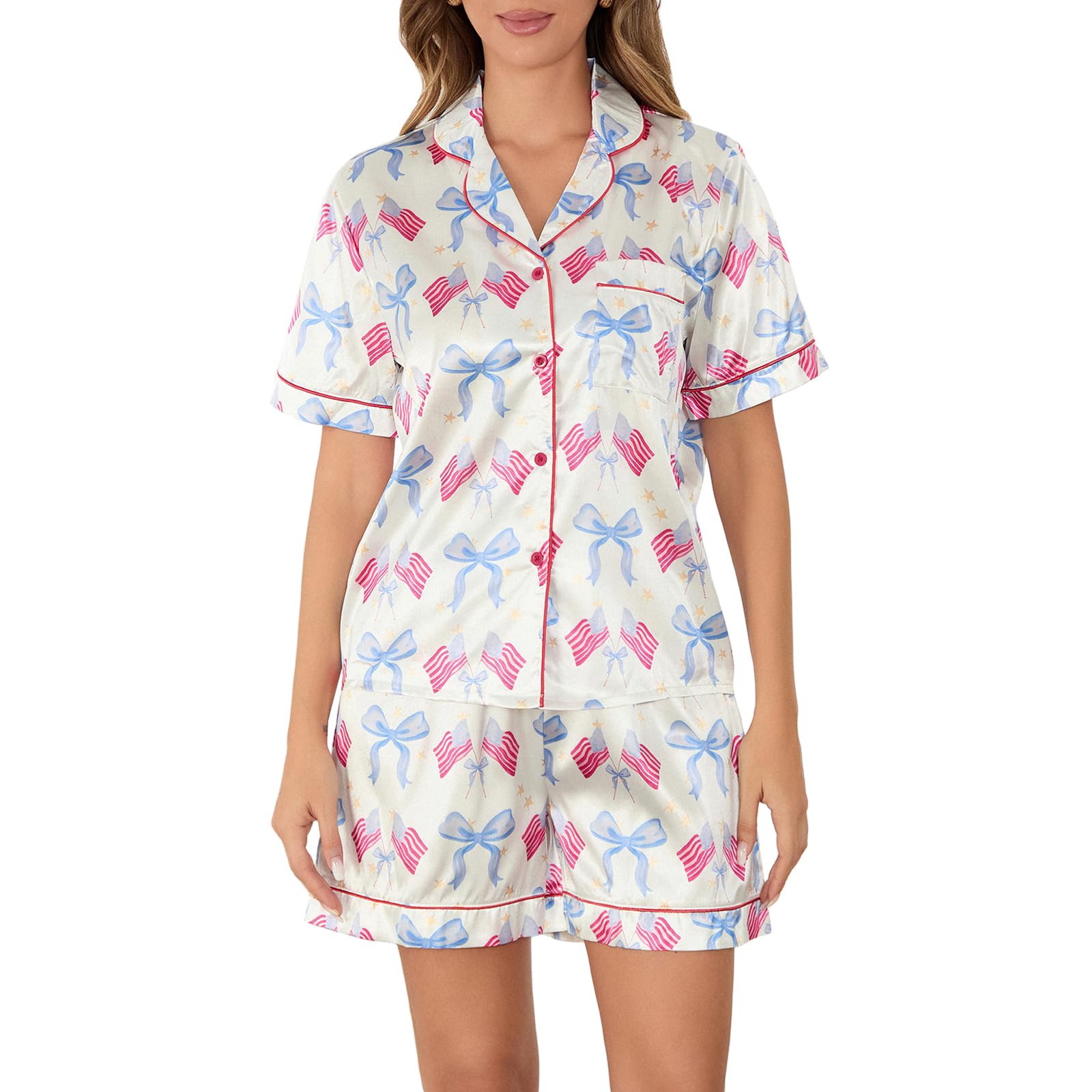 Pijama Yiulangde Silk Satin Bow, 2 Peças Para Mulheres, Azul