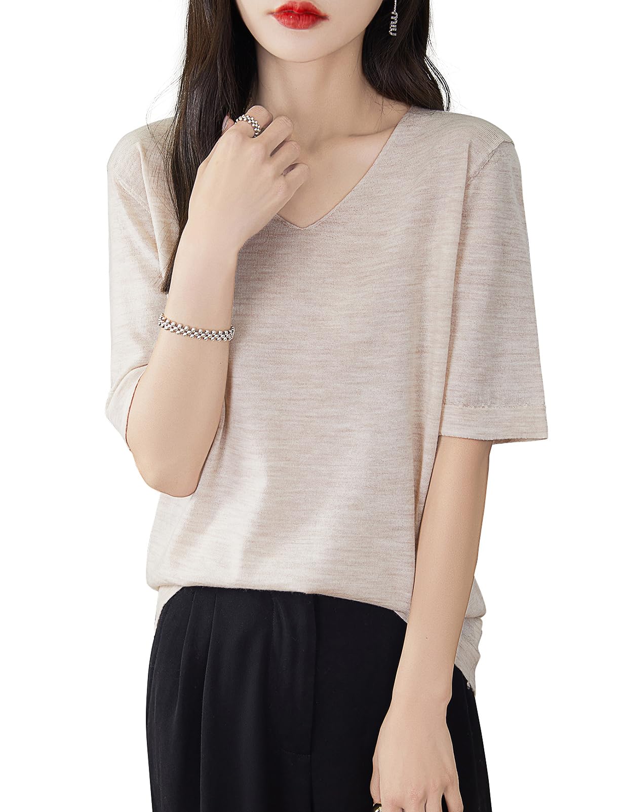 Camiseta Feminina Chanyarn 100% Lã Merino De Camada Base Com Decote Em V, Manga Curta, Camiseta De Viagem E Caminhada (bege, S)