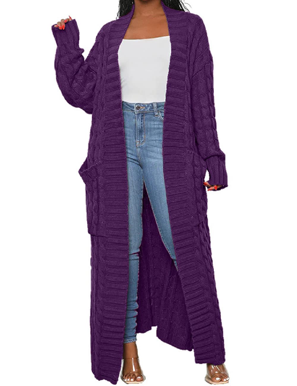 Cardigan Livecloth Open Front Cable Kit Sweater Roxo Para Mulheres