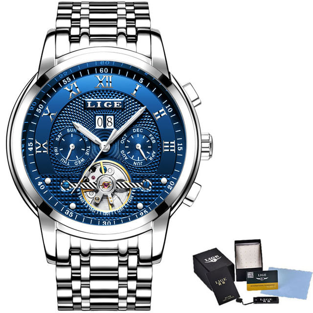 Relógio Lige Fashion Mechanical Silver Blue Para Homens 40mm