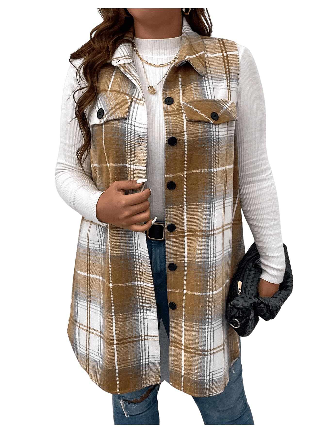 Outwear, Colete, Jaqueta Xadrez De Tweed, Camisa Feminina Com Botões