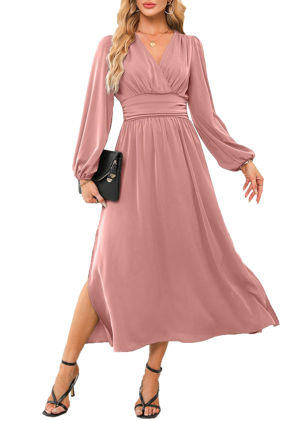 Vestido Formal Dokotoo Elegant Wrap Com Decote Em V E Manga Lanterna Rosa