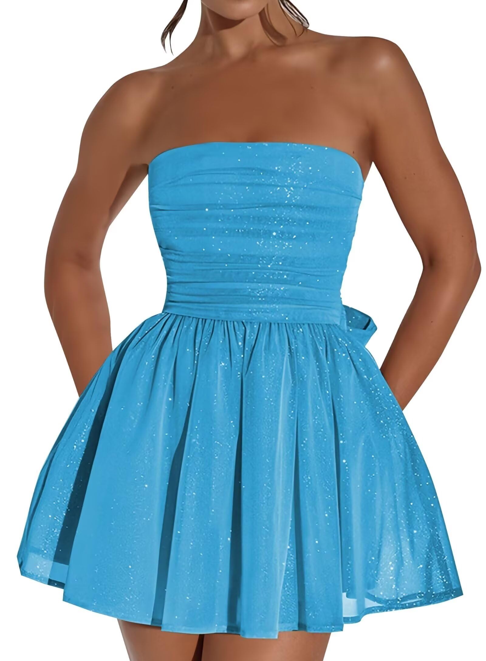 Vestido De Boas-vindas Blawhee Glitter Tule Sem Alças Aqua Mini