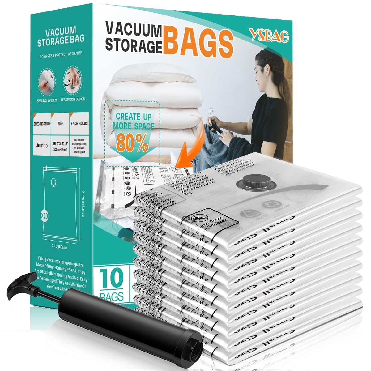 Sacos De Armazenamento A Vácuo Ysbag Jumbo, Pacote Com 10 Para Roupas 100x80cm