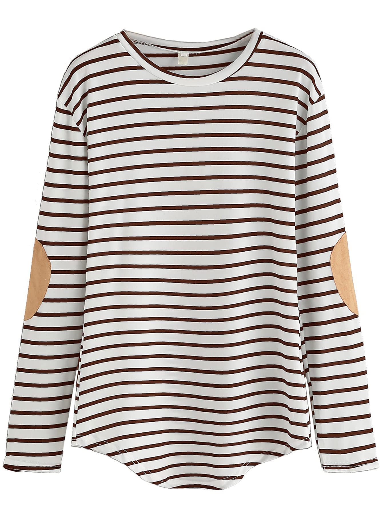 Camiseta Feminina Milumia Com Adesivo De Cotovelo Listrada Em Bege Alto E Baixo