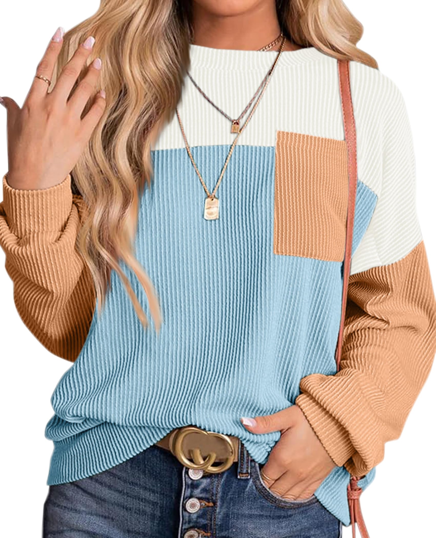 Moletom Uhiger Color Block Pullover Para Mulheres Branco Azul L