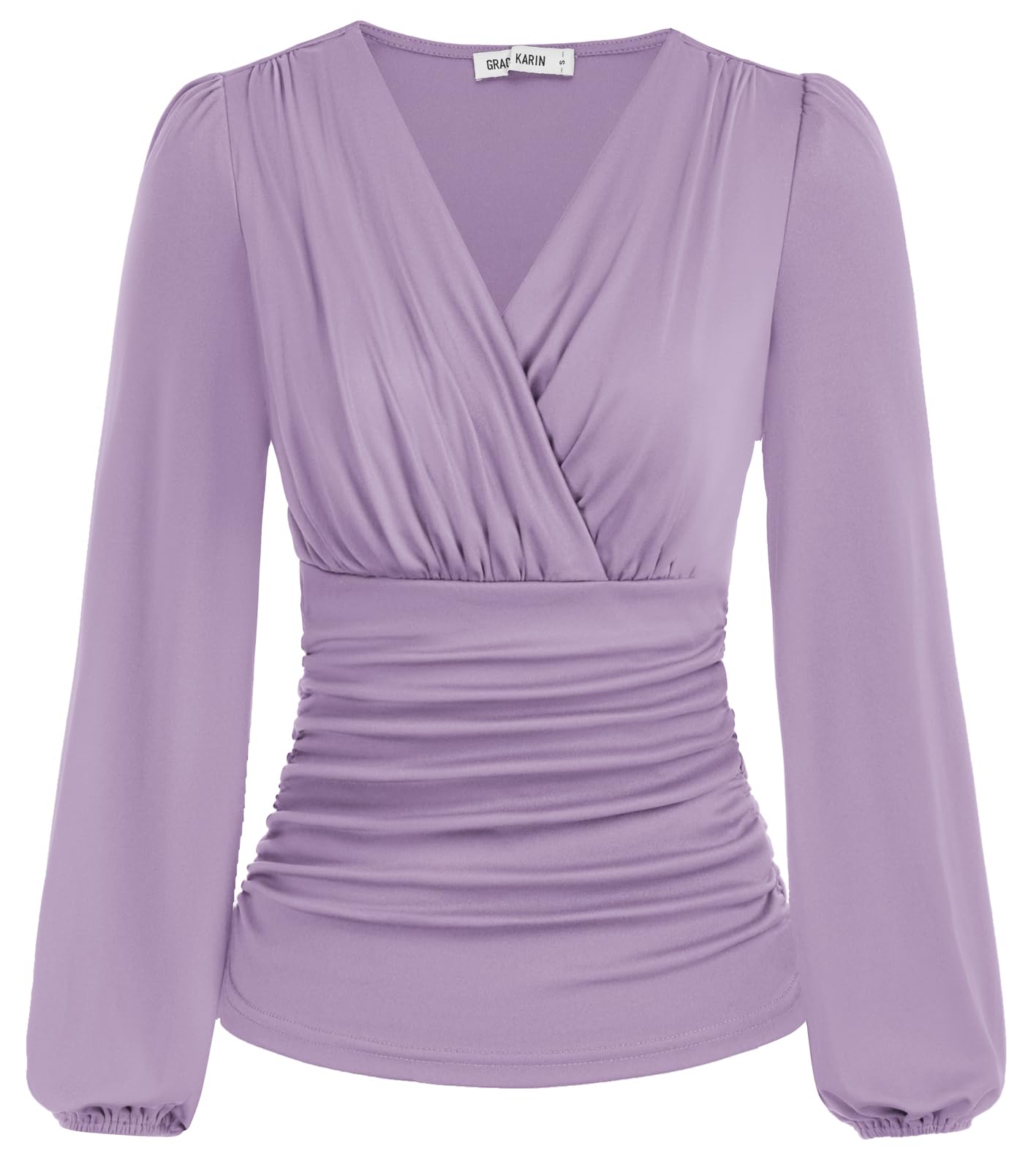 Blusa Grace Karin Purple Surplice Wrap, Decote Em V, Franzida, Manga Comprida