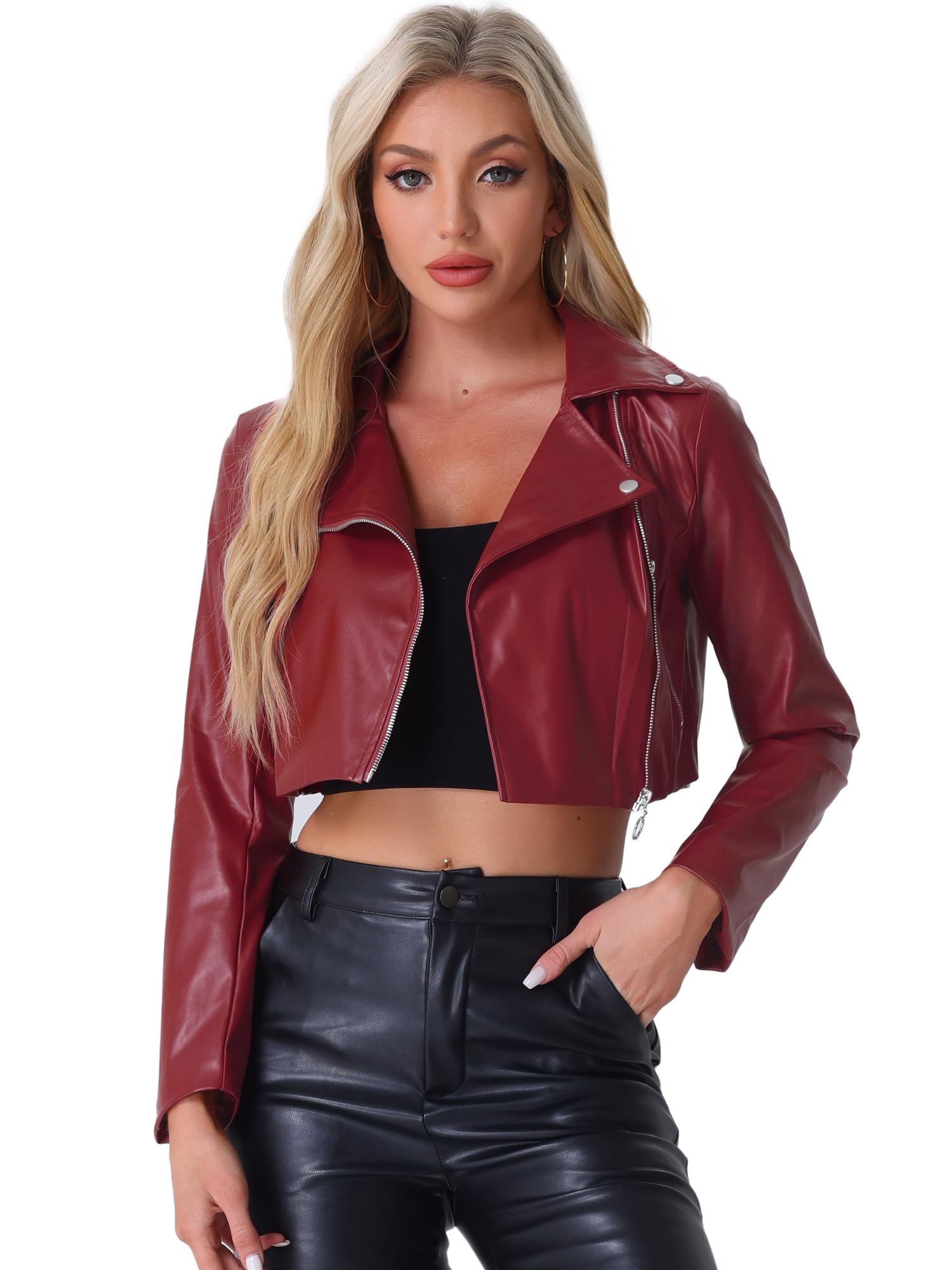 Jaqueta Allegra K De Couro Sintético Moto Cropped Zipper Burgundy