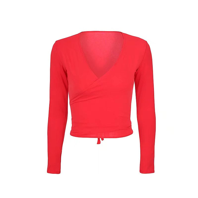 Mulheres Manga Longa V Pescoço Floral Estampa Frontal Wrap T-shirt (#re