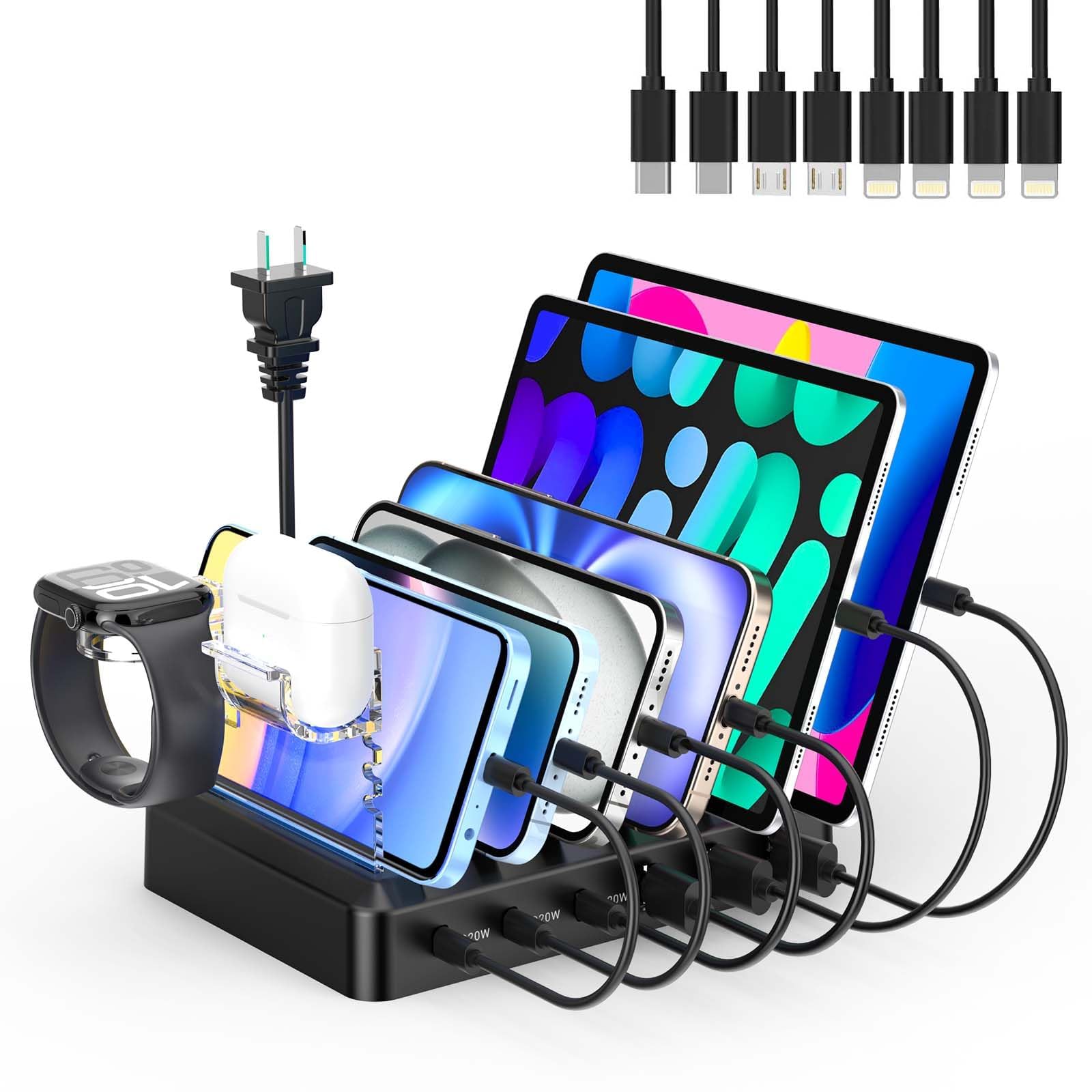 Estação De Carregamento Catlyn Carregador Rápido De 6 Portas De 90 W Com 8 Cabos