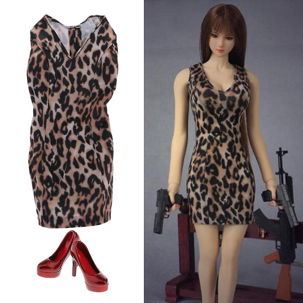 1/6 Vestido Feminino Leopardo Saia Magra Com Saltos Altos Para 12