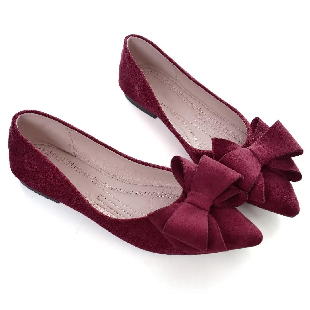 Ballet Flats Tn Tangnest Para Mulheres, Vinho, Camurça Vermelha, Bico Pontudo