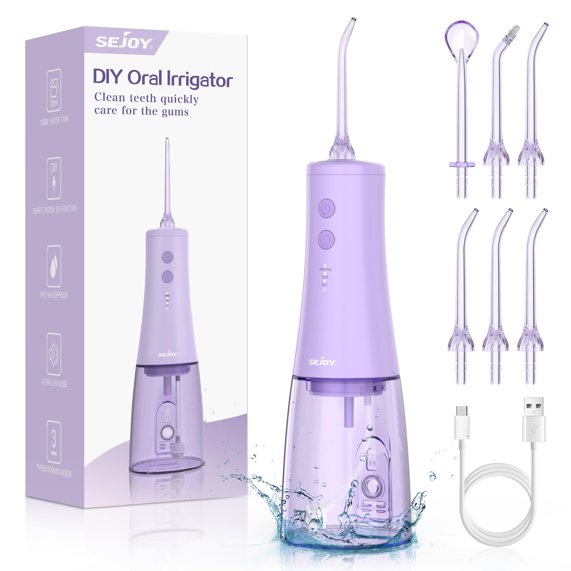 Water Flosser Sejoy 350 Ml/12 Onças 3 Modos 6 Pontas De Jato Ipx7 Roxo