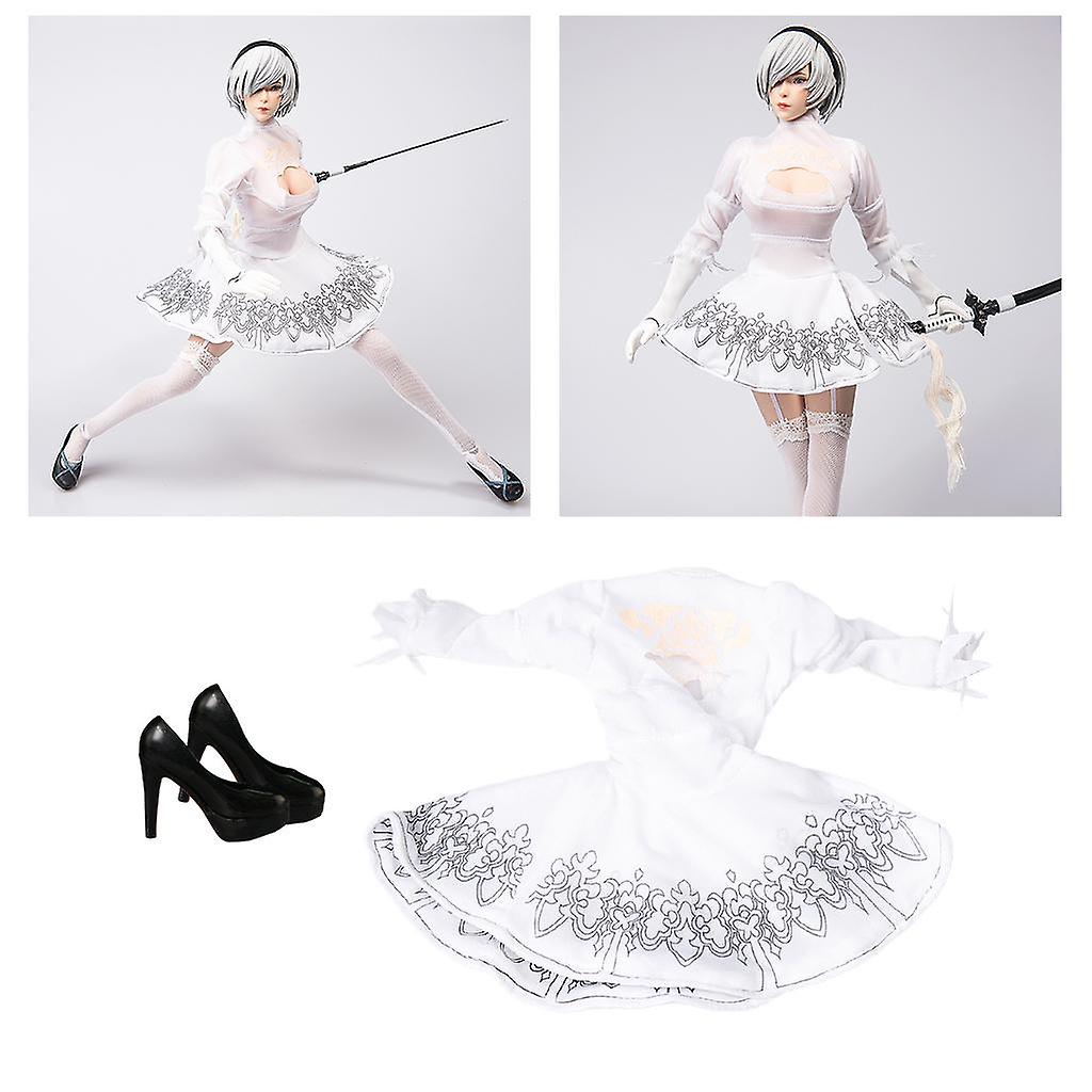 1/6 Escala Feminina Roupas De Vestido Branco W / Sapatos De Salto Alto Para