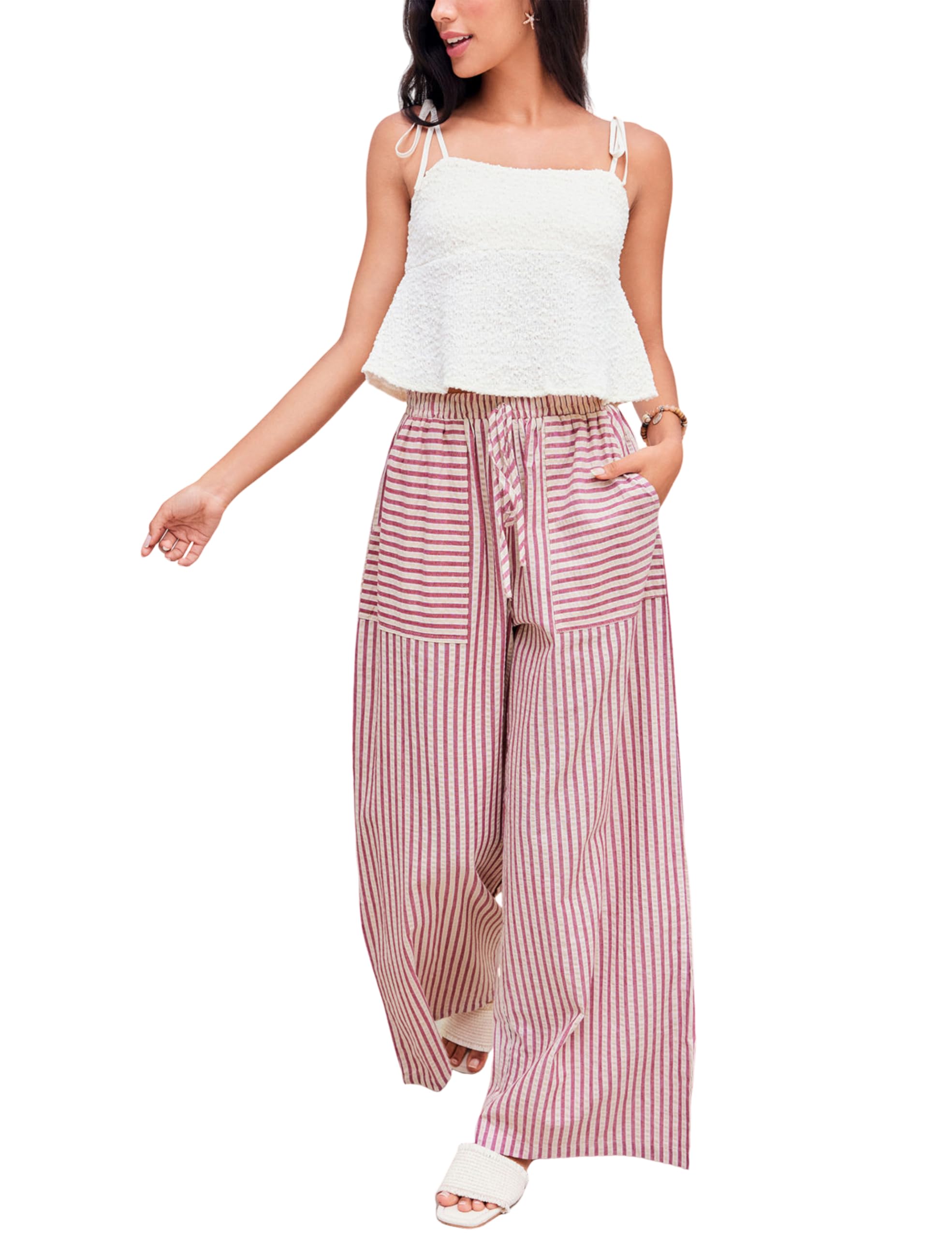 Calças Largas Yeokou Femininas De Algodão Listrado Com Cordão