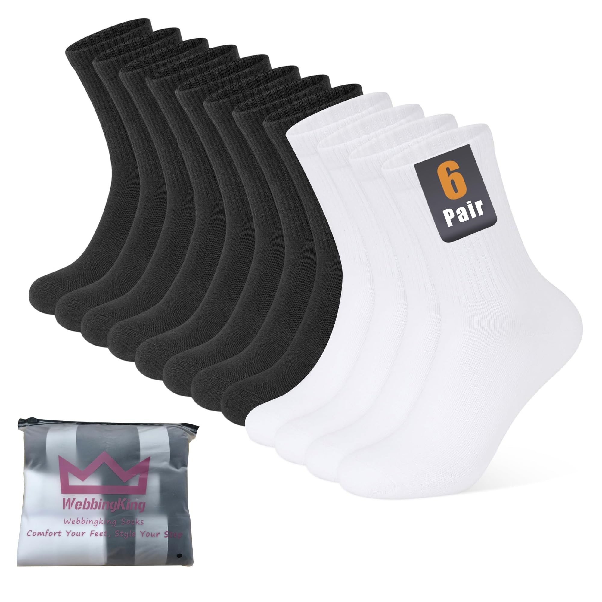 Crew Socks Webbingking Preto E Branco Para Mulheres, 6 Pares