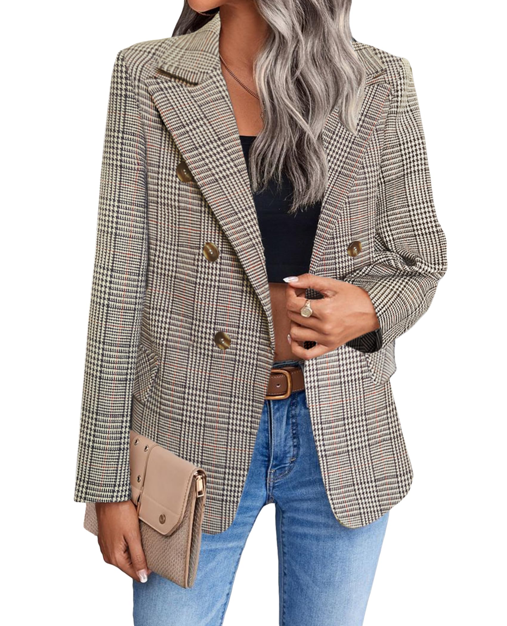 Blazer Mina Self Tweed Xadrez Marrom Para Mulheres