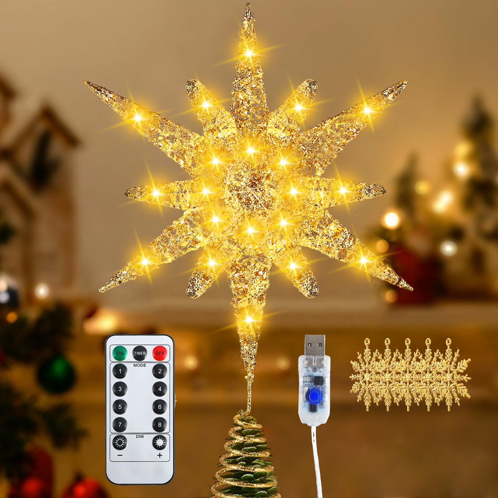 Árvore De Natal Star Topper Gedstmdrk 38cm Com Luzes Led