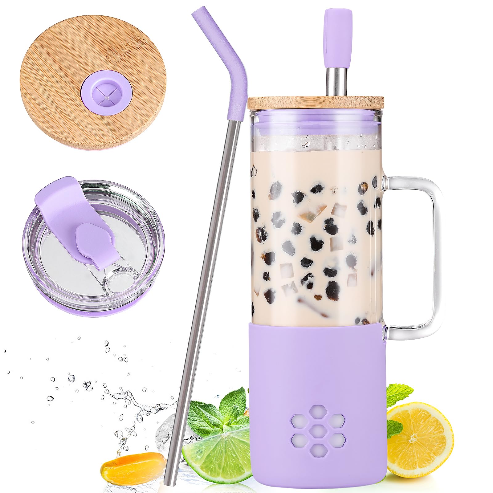 Copos De Vidro Mukoko 600ml Com Tampas E Canudos Roxos