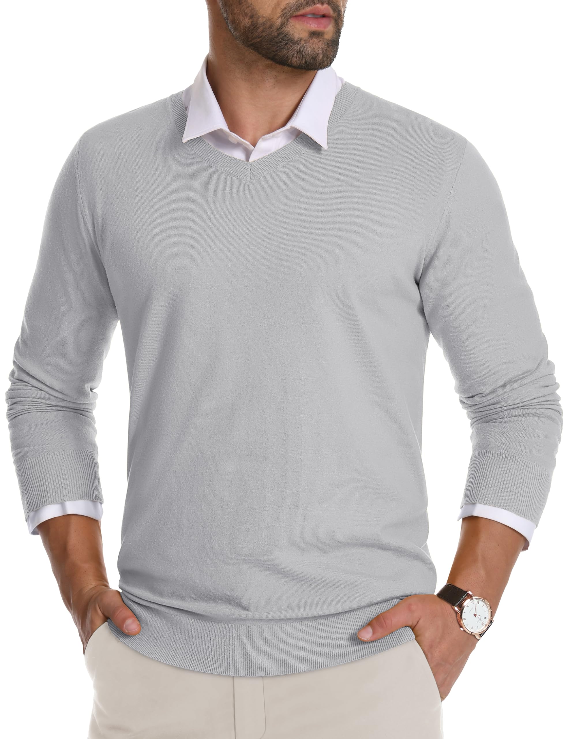 Suéter Masculino Crysully Com Decote Em V, Pulôver De Malha Branco Xl