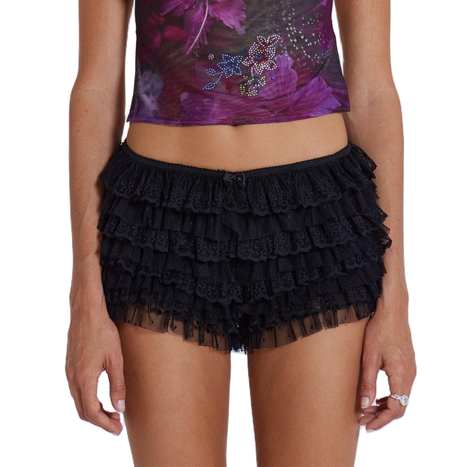 Shorts Femininos Jinziyinzi Y2k, Renda, Babados, Pretos