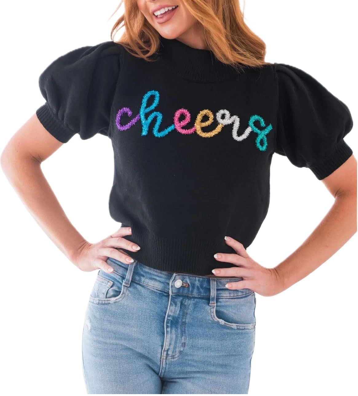 Colete Metálico De Natal Cheers, Manga Curta, Manga Folhada, Pulôver Casual De Malha, Suéteres De Férias De Inverno Para Mulheres, 2024