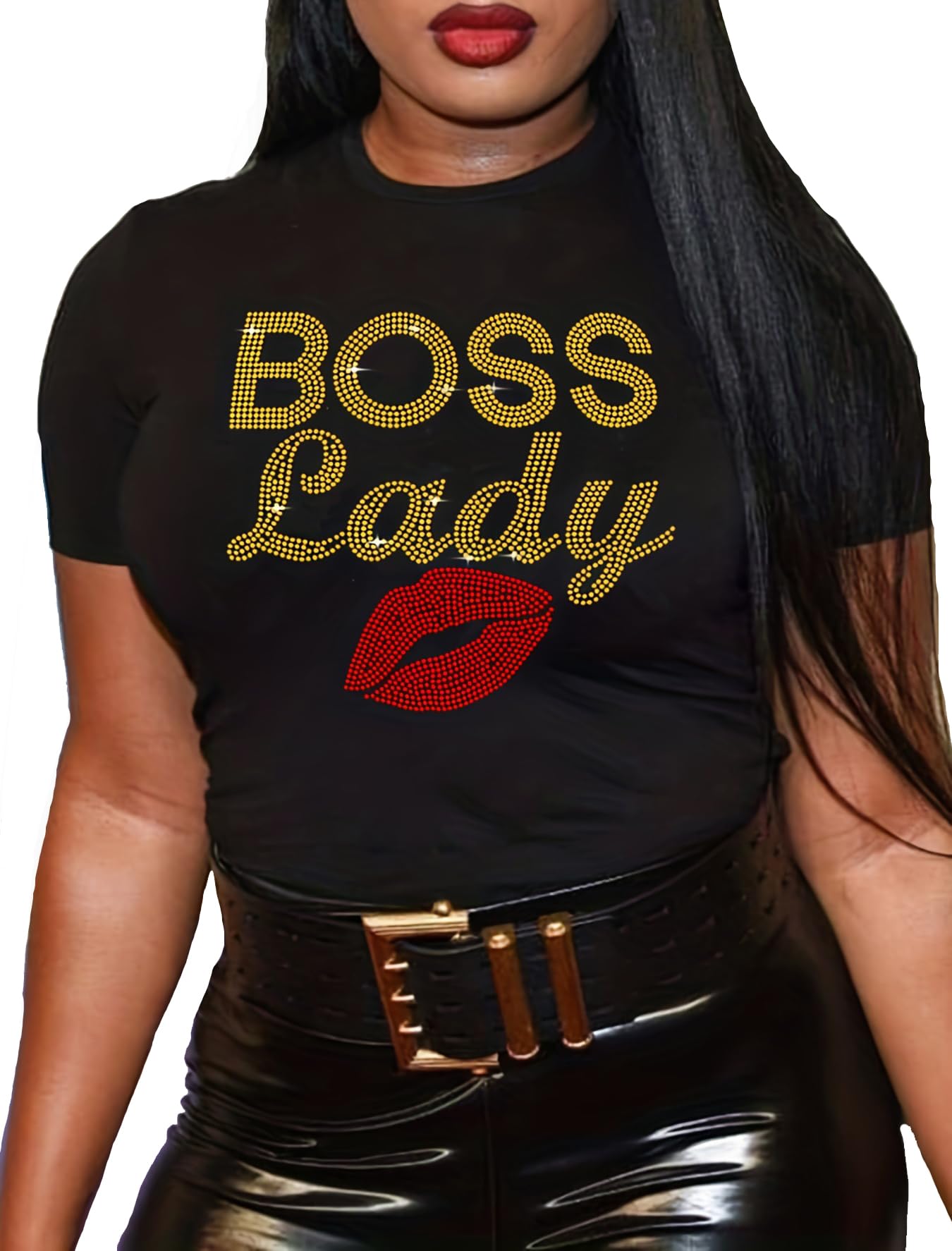 Camiseta Qyz-top Boss Lady Red Lip Rhinestone Bling Black 3gg