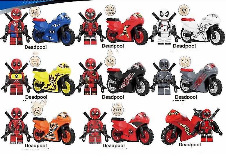 9pcs Mini Deadpool Motocicleta Super-herói Miniatura Edifício