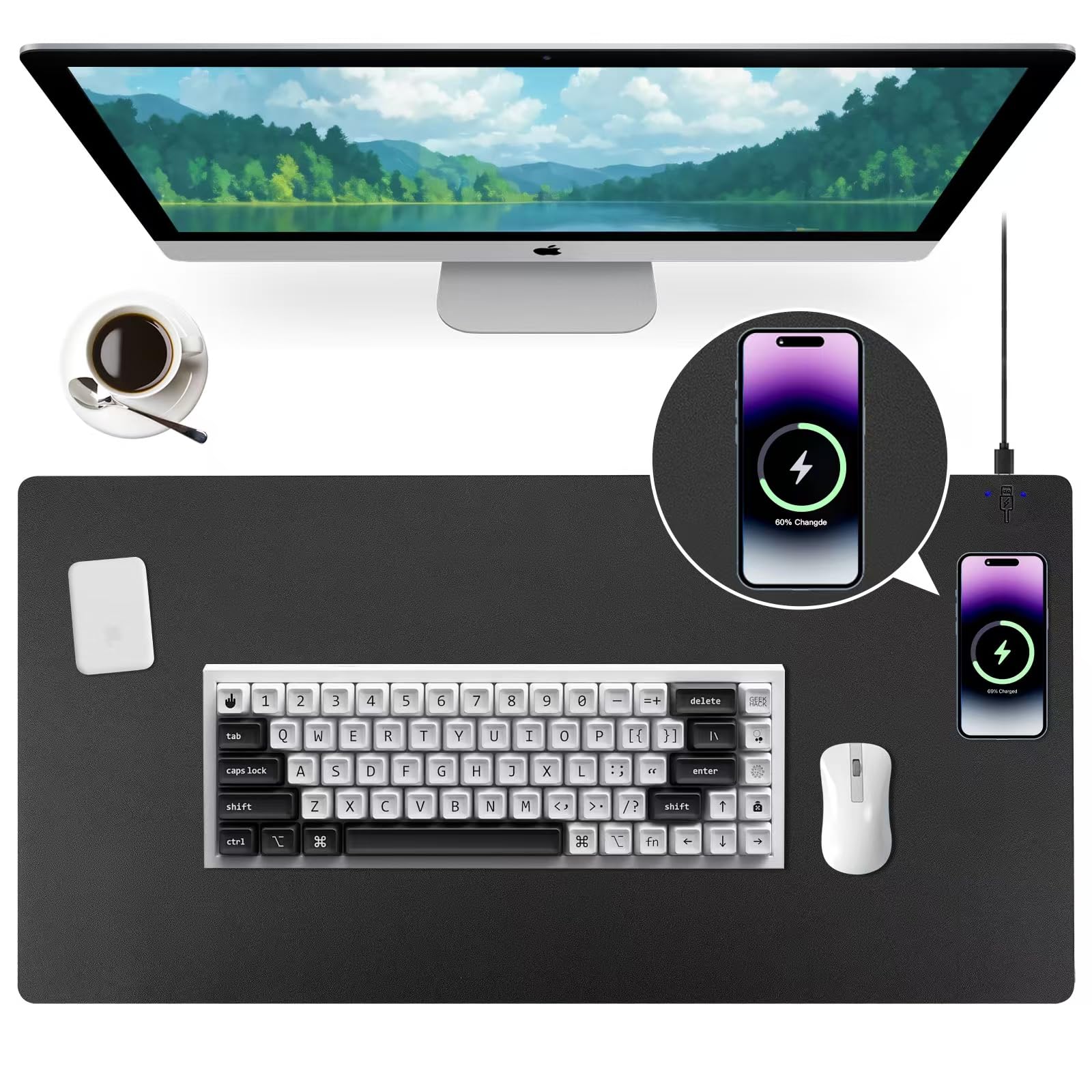 Combinação De Tapete De Mesa De Carregamento Sem Fio E Mouse Pad De Couro