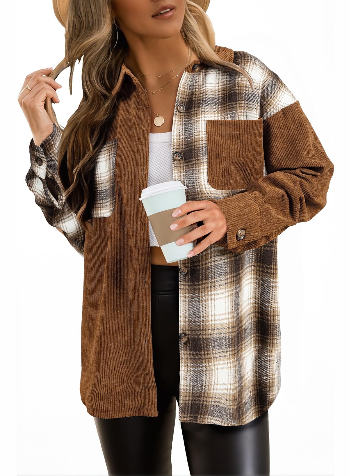 Camisa Feminina Elegante De Veludo Cotelê Xadrez, Cor Marrom