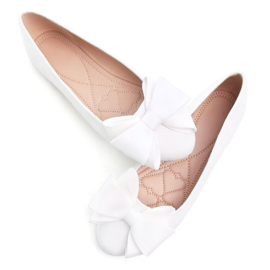 Sapatos Rasos Femininos Tn Tangnest, Bico Redondo, Laço, Brancos, Tamanho 43